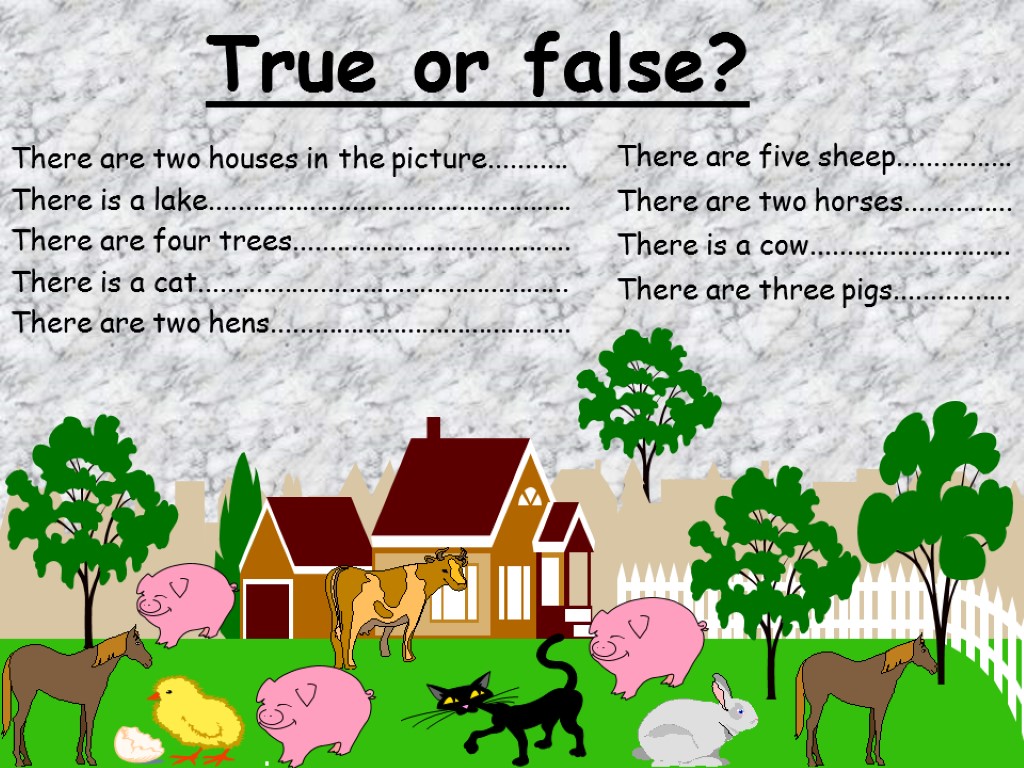 True or false? There are two houses in the picture........... There is a lake...................................................